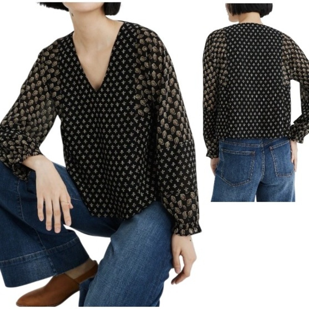 Madewell Sheer-Sleeve Top in Brushstroke Paisley Mix Black Large AD686